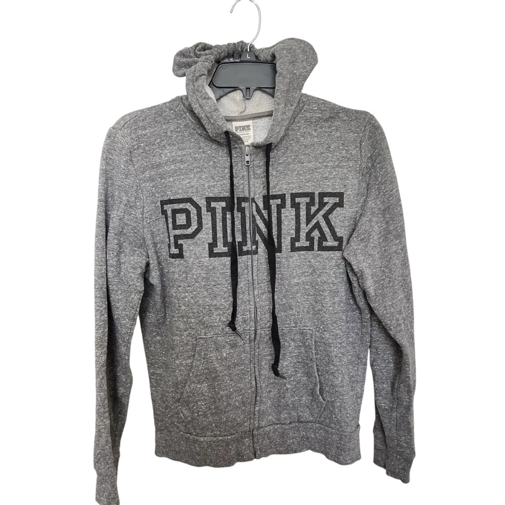 Pink Victoria’s Secret Hoodie Womens Small‎ Fleece Full Zip Logo Drawstring Gray